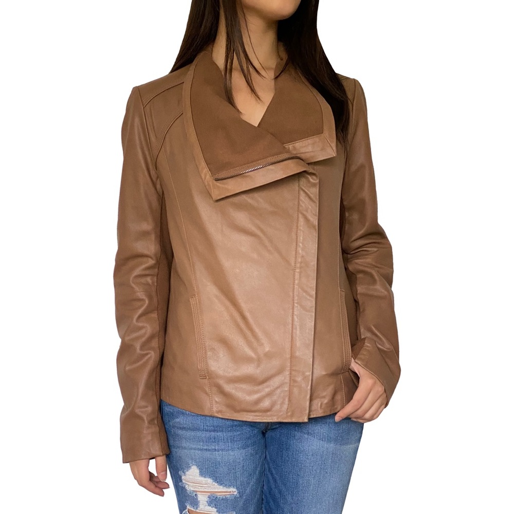 Elie Tahari brown asymmetrical lamb leather jacket